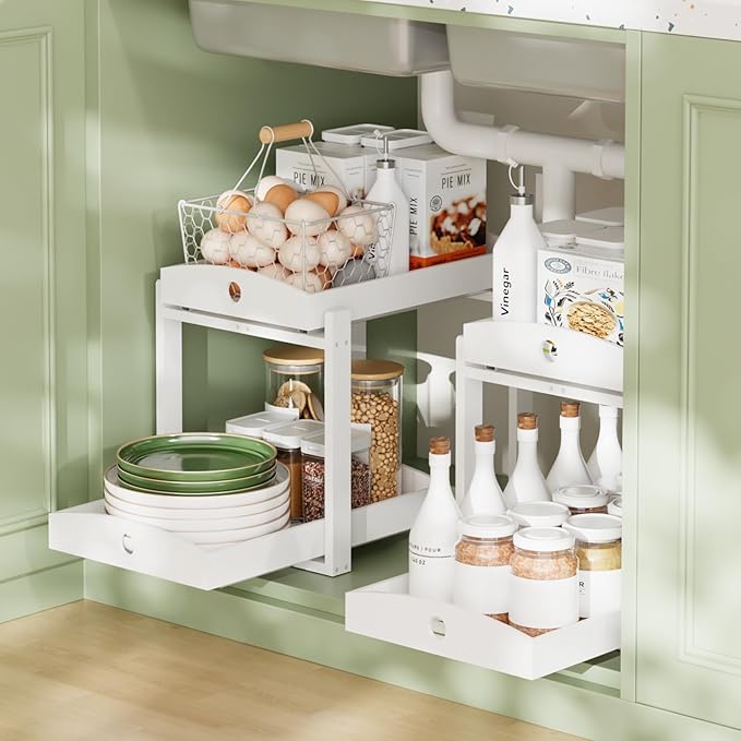 Bamboo Wood Under Sink Organizer 1 Pack, Pull Out Cabinet Organizer 2 Tier Under Sink Organizers and Storage with Sliding Drawer Sturdy Easy Assembly for Kitchen Bathroom Undersink (White, 2 Packs)