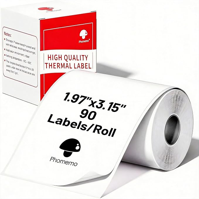 Phomemo Thermal Labels- Sticker Label for M110/M221/M220/M120/M200 Label Printer,1.97"x3.15"(50x80mm),100 Labels/Roll, Black on White | 50×80mm Waterproof Thermal Stickers Labels, 1 Roll, Use for Barcode, Logo,Listing, Business, Home,Organization, Offi...