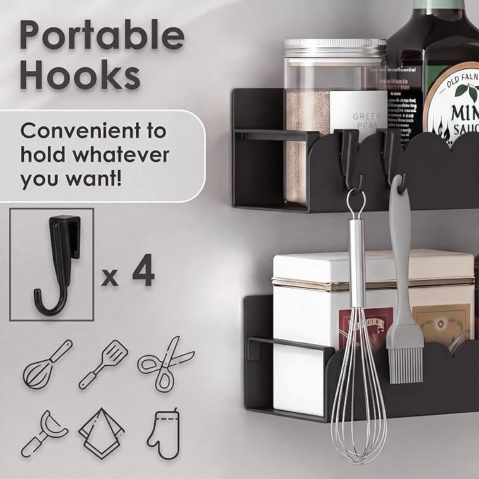 3 Pack Scalloped Metal Magnetic Spice Storage Rack Organizer with Hooks for Refrigerator and Oven, Black Fridge Organizers and Storage