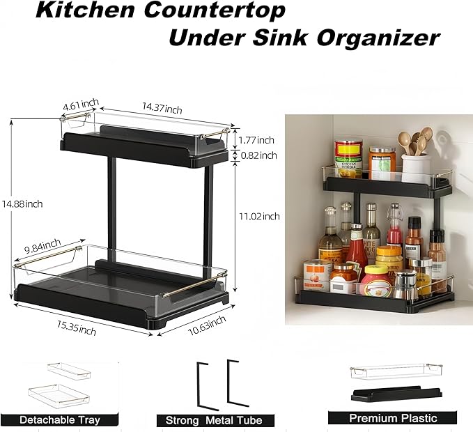 heart & home 1-Pack Under Sink Storage Organizer for Kitchen & Bathroom Cabinets with Removable Washable Tray, Tool-Free Assembly – Multi-Purpose for Kitchen Countertop, Vanity, & Laundry Room，Black
