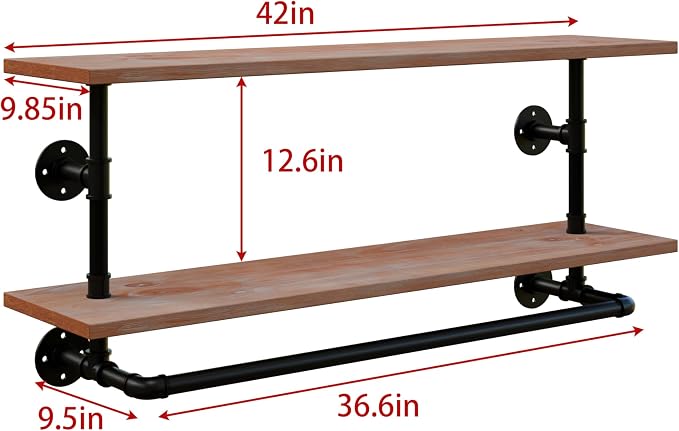 Clothes Rack 42in, 2 Tier Wall Mounted Garment Rack with Real Wood Shelf, Heavy Duty Hanging Clothes Rack, Multi-Purpose Hanging Rod, Space-Saving Closet Storage