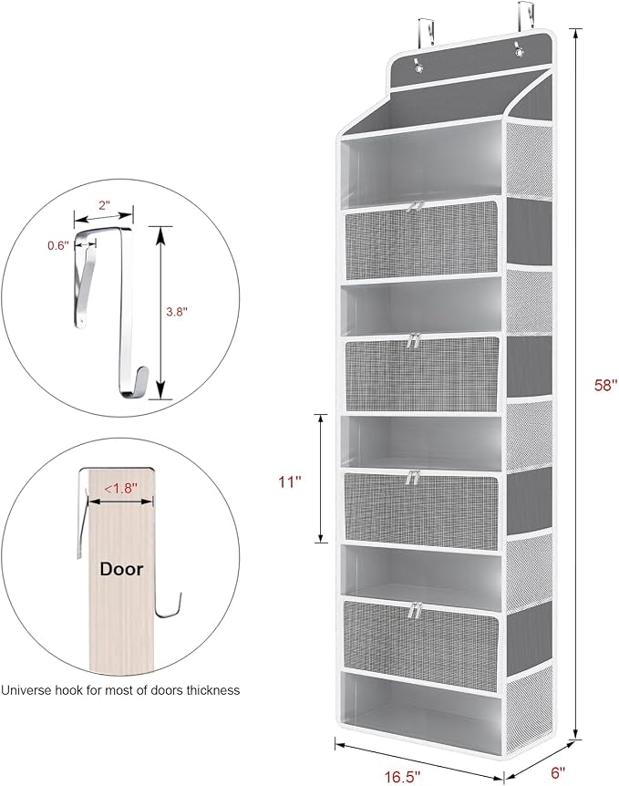 Univivi Over the Door Organizer for Baby Essential, 5-shelf, Light Gray | Fabric Baby Door Organizer, Large Compartments and Mesh Side Pockets, Storage for Baby Nursery, Laundry, Bedroom and Bathroom