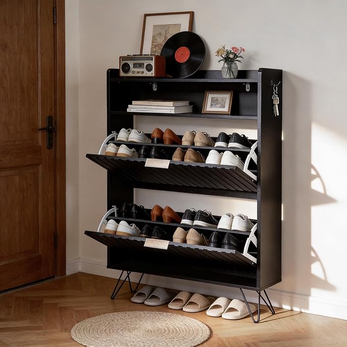 Karl home Black Slim Shoe Storage Cabinet, Entryway Shoe Organizer | Space-Saving Freestanding Shoe Rack Organizer, Versatile Storage Furniture Suitable for Entryway and Living Room