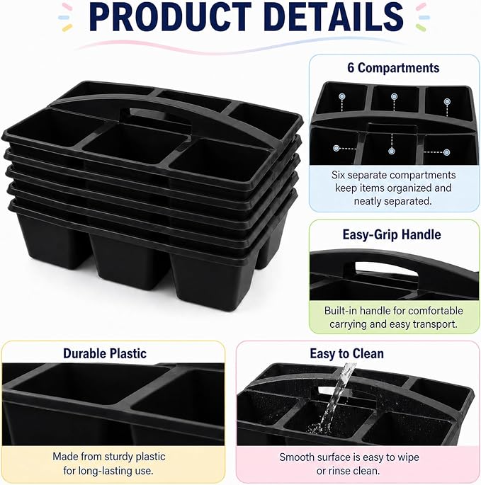 gisgfim 6 Pack Plastic Classroom Caddy with 6-Compartments Plastic Storage Caddies with Handle 6 Compartments Table Caddy Organizer Versatile Table Caddies for Classroom Office Storage, Black
