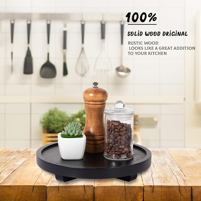 Round Decorative Tray Farmhouse Kitchen Decor Soap Dish, 9" Black | Waterproof, Lightweight, Easy Clean, Wood Riser Pedestal Stand Accessories for Office Desk, Vanity, Counter, Sink