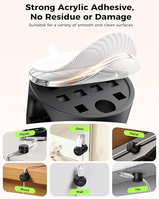 Rocoren 50 PCS Cable Management Kit, 10 Magnetic Rotatable Cable Clips & 40 Reusable Hook and Loop Cord Straps, Cord Holder Organizer Accessories for Under Desk, Nightstand, Home & Office