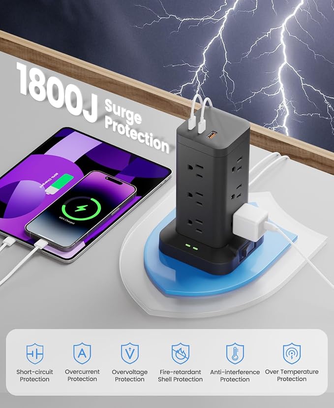Power Strip Tower with Surge Protector 1800J, Fast Charging Tower PD20W USB-C Ports with 12 AC Outlets, Extension Cord for Home Office Dorm Room, 15ft, Black