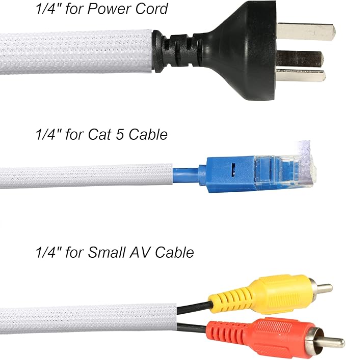 Cable Management Sleeve, Split Design, 25FT - 1/4 Inch, White | Cord Protectors from Pets | Heat & Abrasion Resistant Wire Loom | Automotive Wiring & Home Office Cable Organization