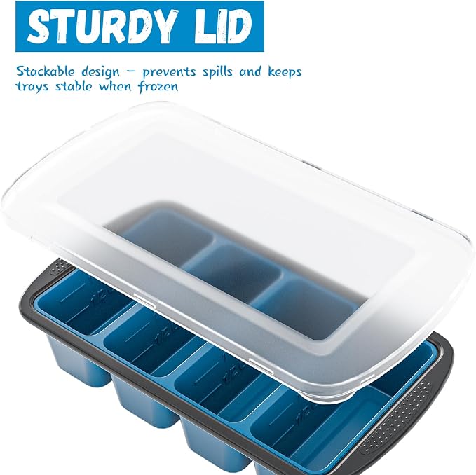 GORCI Silicone Freezer Tray With Lid, 8 Large 1 Cup Soup Freezer Molds, Soup Freezer Container for Meal Prepping, Large Ice Cube Tray， Perfect for Storing Leftovers, Sauces, Lasagna, 2-Pack