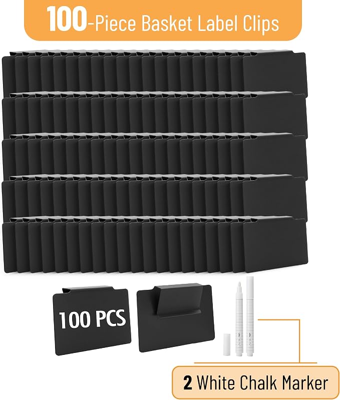 Mr. Pen- Basket Labels Clip On Set, 102 pcs | 100 Removable Bin Labels Clip On with 2 Chalk Markers, Storage Bin, Basket Tags