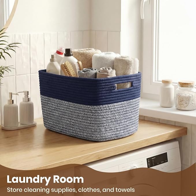 Storage Baskets for Organizing, 14 x 10 x 9” Closet Shelf Woven Baskets, Square Bins with Handles, Cotton Rope Basket for Clothes, Office, Room, Grey+Blue 3 Pack
