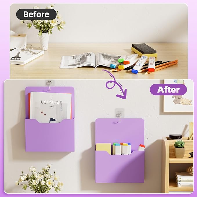 Marbrasse 2 Pack Magnetic File Holder - Paper Holder, Pocket Organizer,Hanging Wall File Organizer Office Supplies Storage, Magazine Mail Organizer Case for Notebooks,Planners,Letter (Purple)