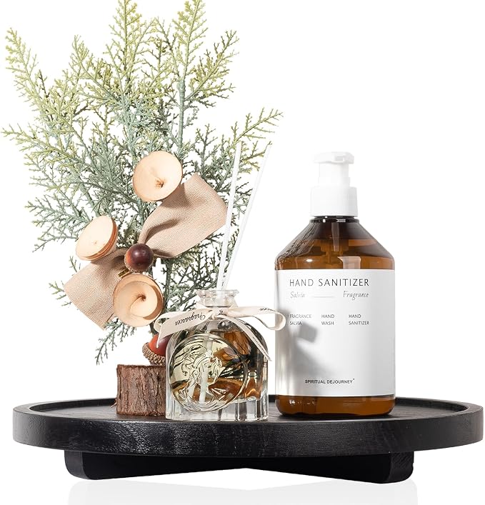 Round Decorative Tray Wood Bathroom Counter Organizer Farmhouse Kitchen Decor Wooden Riser for Soap Dish, Perfume, Candle, Sponge, 12" - Black | Waterproof, Lightweight, Easy Clean, Wood Riser Pedestal Stand Accessories for Office Desk, Vanity, Counter...