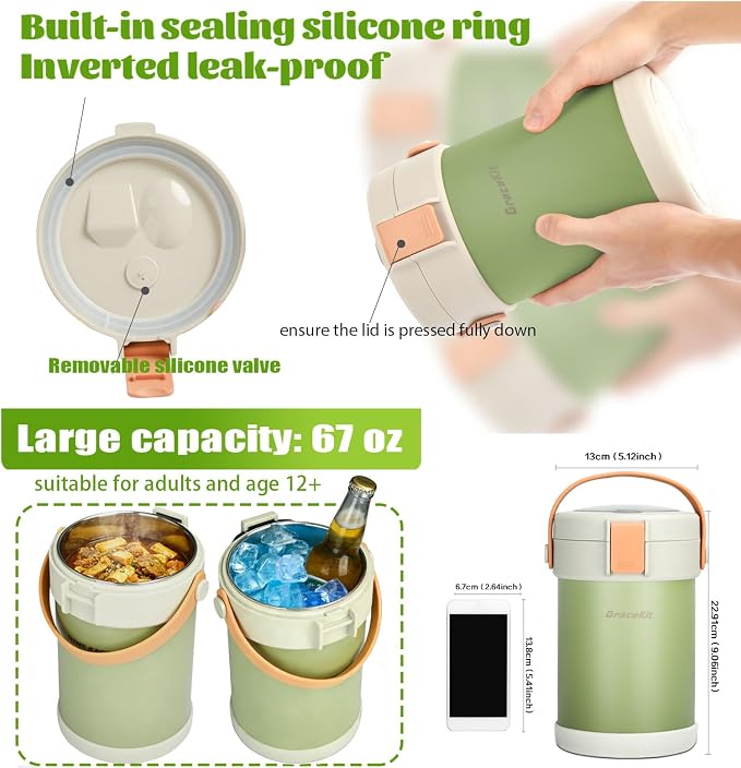 67oz/2L Thermo for Hot Food, 304 Stainless Vacuum Insulated Soup Thermo, Leakproof Thermal Lunch Box with 3 Stackable Bento Boxes & Leakproof Sauce Cups for Adults Office Travel Camping - Green