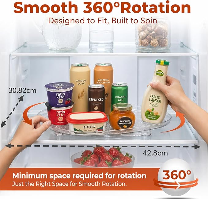 Oizeir Refrigerator Lazy Susan Turntable – Clear Rectangular Fridge Organizer with Suction Cups, 360° Rotating Tray for Side-by-Side Refrigerators, Cabinet & Pantry Organization