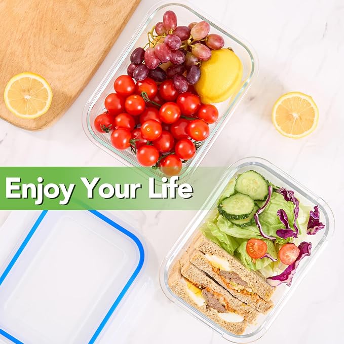 8 Pack Glass Food Storage Containers with Lids(Blue) | Meal Prep Containers with Snap Locking Lids, Airtight Lunch Containers for Microwave, Oven, Freezer and Dishwasher, BPA Free