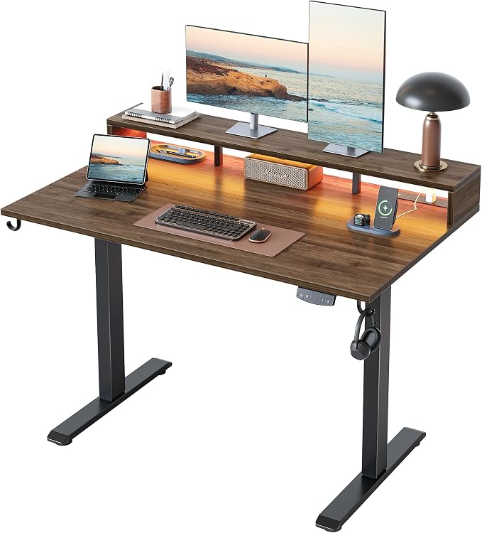 Klicelor Electric Standing Desk with Shelf, 48 Inch Height Adjustable Desk with Power Outlets & LED, Sit Stand Up Table with Monitor Stand, Computer Workstation for Home Office, Dark Walnut