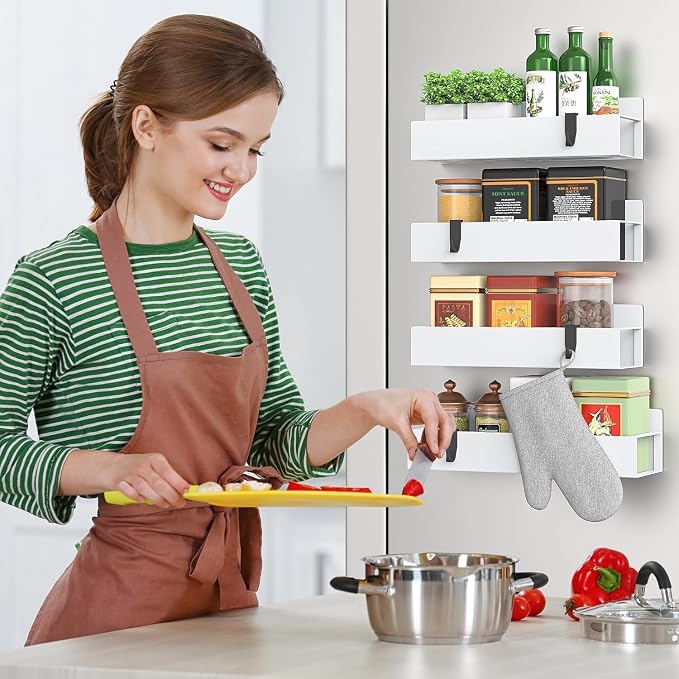Metal 2 Pack Magnetic Spice Storage Rack Organizer for Refrigerator and Oven, Fridge Organizers and Storage White