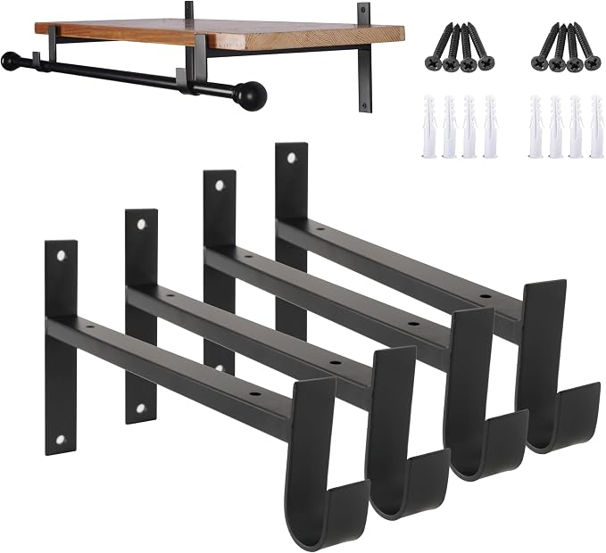AddGrace Closet Rod Bracket Heavy Duty Shelf Brackets Black 6 Inch 4 Pack | Fit for Closet Wardrobe Laundry Room and Kitchen, with Hook, Store Above and Hang Below, Supports 66 lbs, Easy to Install