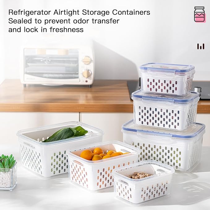 3PCS Fruit Storage Containers for Fridge – Airtight Produce Saver with Removable Drain Basket, BPA-Free Berry Keeper, Stackable Food Storage Containers for Vegetables, Lettuce & Meal Prep (Blue)