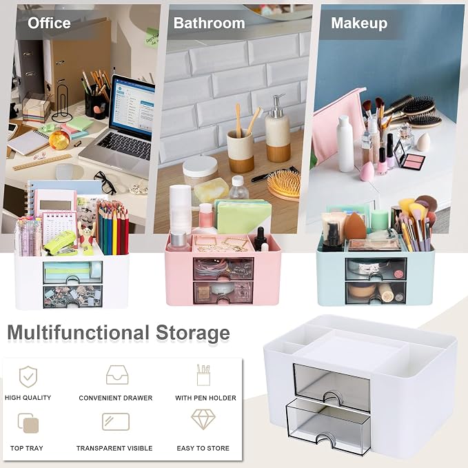 Meiikun Plastic Pen Organizer, Multifunctional Desk Organizer with 2 Drawers, 4 Compartments & a Top Tray, Pencil Holder Desktop Organizers and Accessories for Office, 7.7" x 5.5" x 3.9" (White)