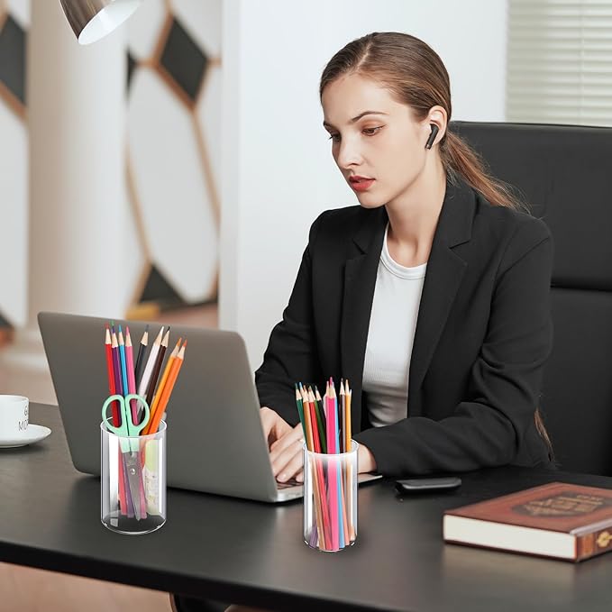 Acrylic Pen Holder 2 Pack, Acrylic makeup brush holder, Clear Pen Cup, Acrylic Cylinder Perfect for Desk organizer, Cylinder