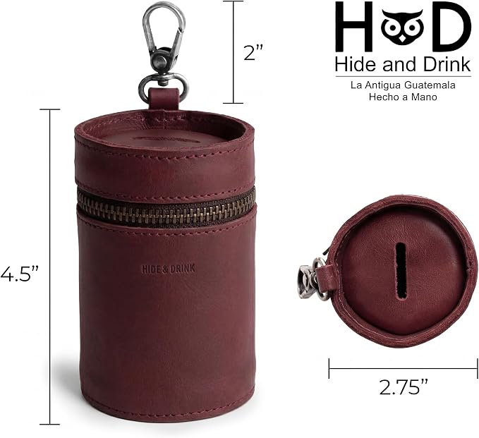 Hide & Drink, Money Box, Piggy Bank Bucket, Zippered Pouch, Cash Organizer, Coin Case, Full Grain Leather, Handmade (Sangria)