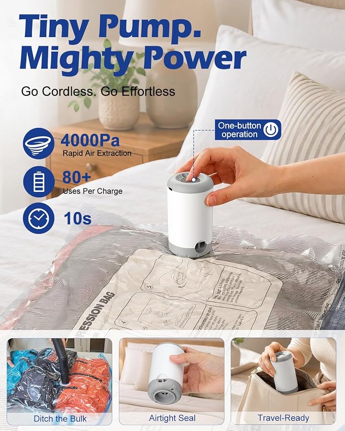 Fantictas Vacuum Seal Bags for Clothing with Rechargeable Air Pump, 12 Pack | Portable Space Saver Bags, Compression Bags for Clothing, Bedding, Seasonal Storage & Packing Bags for Moving, Small