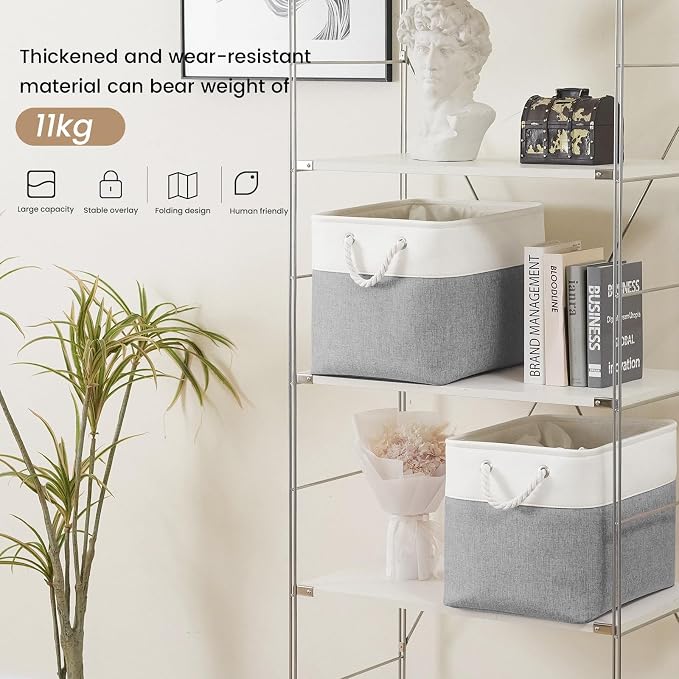 Large Storage Baskets- 15x11x10 inch Storage Bins for Shelves and Closet Organizing, Foldable Fabric Bin for Home Organization Clothes and Laundry (6-Pack, White&Gray)