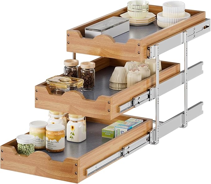 OCG Pull Out Drawer 14" W x 21" D, 3 Tier Pull Out Cabinet Organizer, Heavy-Duty Slide Out Drawer for Cabinets, Base Cabinet Organization for Kitchen, Pantry, Bathroom