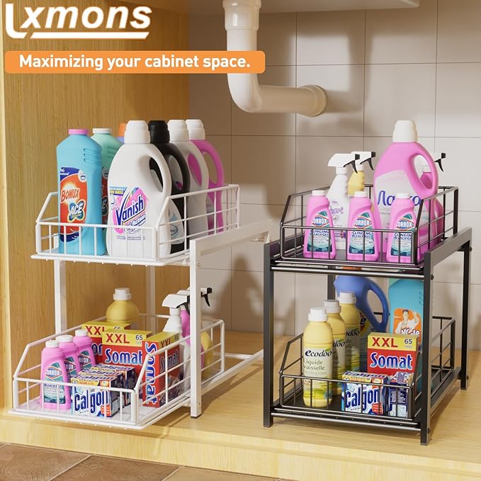 2 Tier Sliding Basket Drawer Organizer, Pull Out Under Sink Cabinets Organizers, Metal Home Shelf for Bathroom or Kitchen, Sliding Countertop or Pantry Storage Shelf, Black