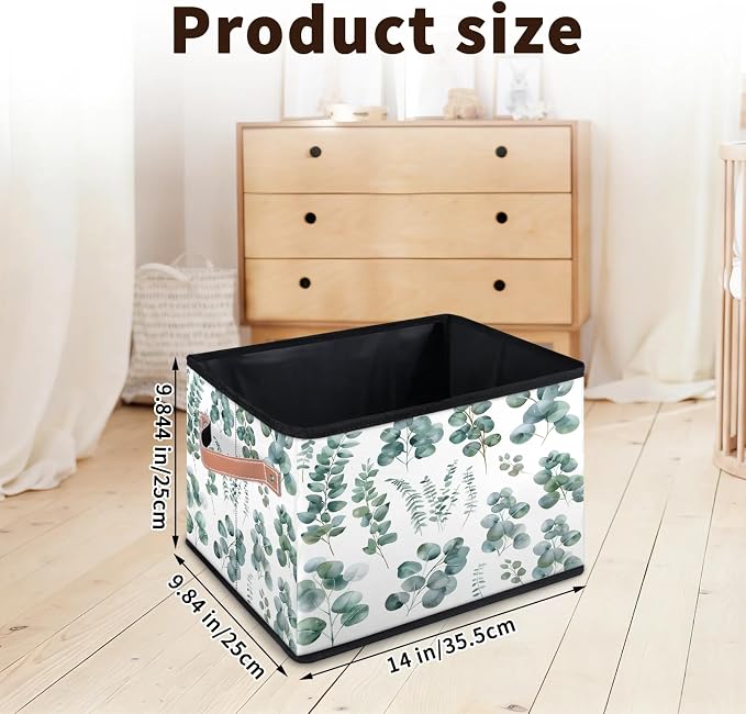 Green Eucalyptus Leaves Closet Storage Bin, Foldable Storage Baskets for Shelves, Decorative Shelf Organizer Eucalyptus Leaves Fabric Cube Bin for Living Room Bedroom Home Dorm