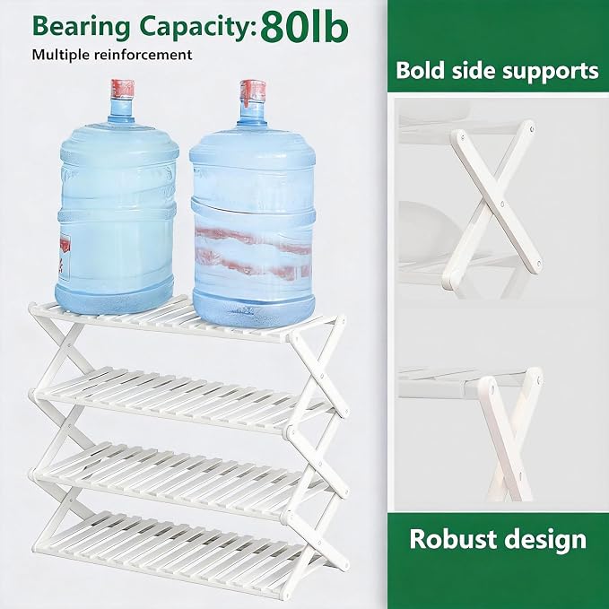 6 Tier Bamboo Shoe Rack White,Portable Folding Shoe Storage Rack,Without Installation Small Shoe Rack Perfect for Corridors, Drom, Bedrooms and Small Spaces