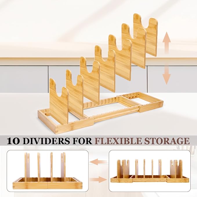 Bamboo Expandable Pot Lid Organizer, Pots and Pans Holder Rack for Cabinet | 8pcs Removable Dividers, Customized Storage, Space-saving, FSC-certified Bamboo, No Assembly