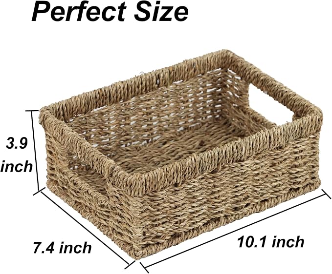 Wicker Baskets, Baskets for Organizing, Rattan Woven Basket for Storage, Organizer Bins with Built-in Handles, Storage Basket for Shelves (Seagrass, Small)