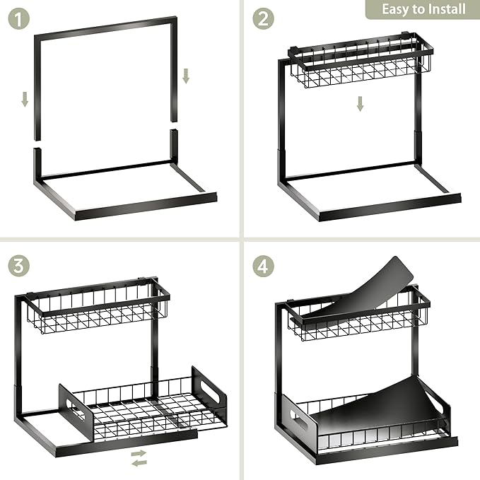 VUSIGN Under Kitchen Sink Organizer 2 Tier, Pull Out Bathroom Sink Organizers and Storage, Cabinet Kitchen Bathroom Storage Organization Shelf, 2 Pack Black