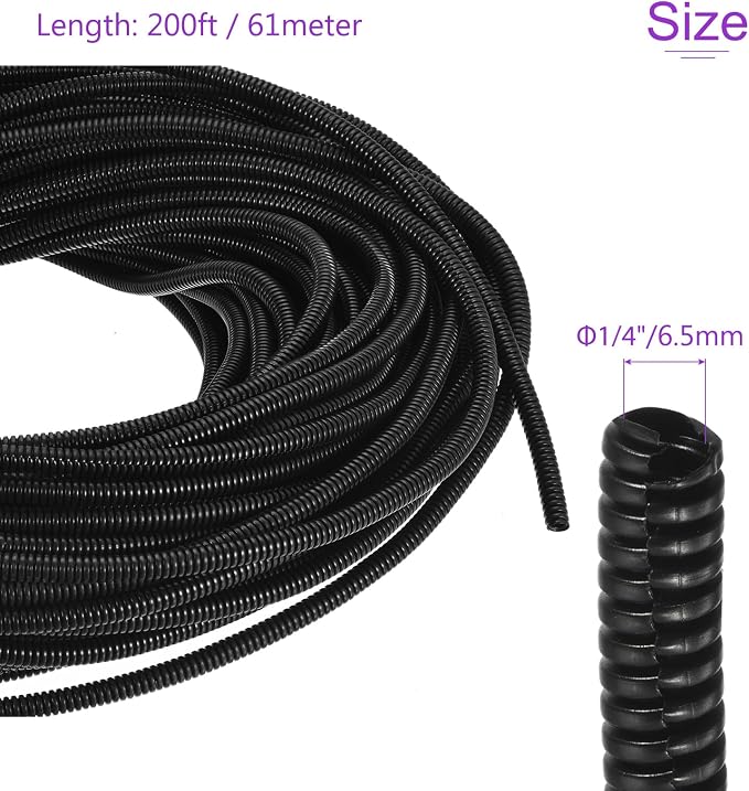 DMiotech 200ft Wire Loom Split Tubing 1/4 Inch(6.5 Mm) ID, Cord Protectors from Pet Flexible Conduit Cable Management for Office, Home, Garden, Black