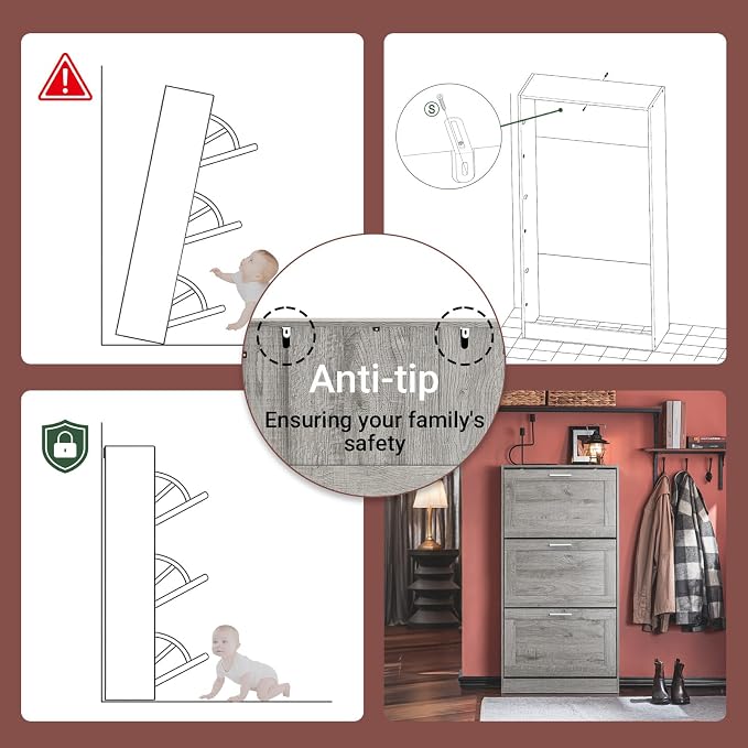 Haotian Shoe Storage Cabinet Entryway | Freestanding Shoe Cabinet with 3 Flip-Drawers Fully Enclosed Tall Shoe Rack Shoe Organizer, Grey, FSR137-L-HG