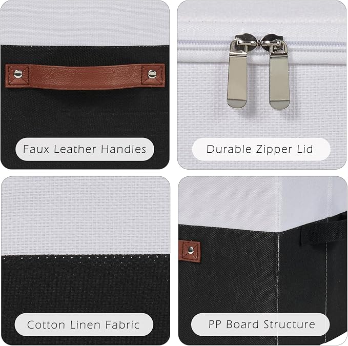 2 Pack Storage Boxes with Zipper Lid Cotton Linen Fabric Lidded Storage Bins Baskets Foldable Washable Closet Shelf Clothes Organizer Container Faux Leather Handles (Black White, Small)