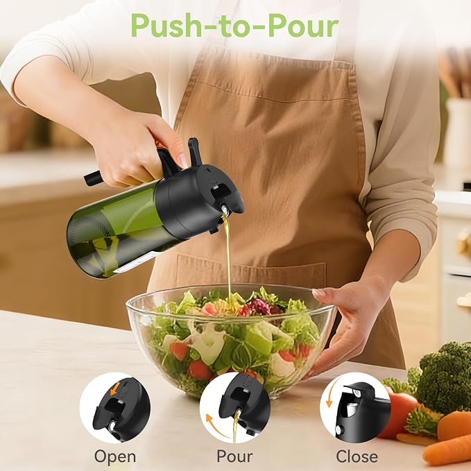 USLAI Oil Sprayer for Cooking, 16oz/470ml 2 in 1 Glass Olive Oil Dispenser Bottle for Kitchen, Air Fryer, BBQ and Salad - Black Green