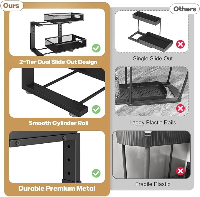 2-Tier Under Sink Organizer With Sliding Drawers, Pull-Out Cabinet Organizer With Adjustable Height, Kitchen & Bathroom Storage Shelf, Black, 1 Pack