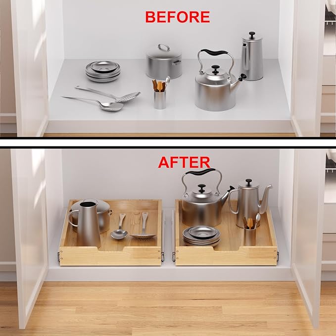 Sikarou Wood Pull Out Cabinet Organizer 20" W x 21" D, Heavy-Duty Sliding Drawers for Inside Cabinets Storage and Organization for Kitchen, Pantry, Bathroom