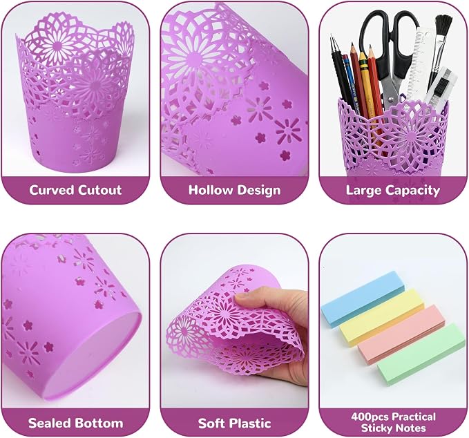 10Pack Pen Holder for Desk Pen Cup Pencil Holder for Classroom Pencil Cup Office Desk Organizers Accessories Makeup Brush Organizer with 400 Pcs Sticky Notes for Office School Home Crafts Supplies