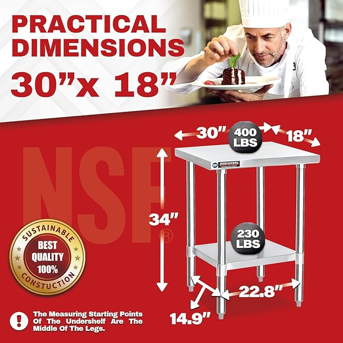 DuraSteel 30x24 Stainless Steel Work Table - NSF Commercial Prep Metal Table - Outdoor Pizza Oven Stand w/Under Shelf - Kitchen Island Laundry Utility Garage Microwave Stand Large Rolling Storage Cart