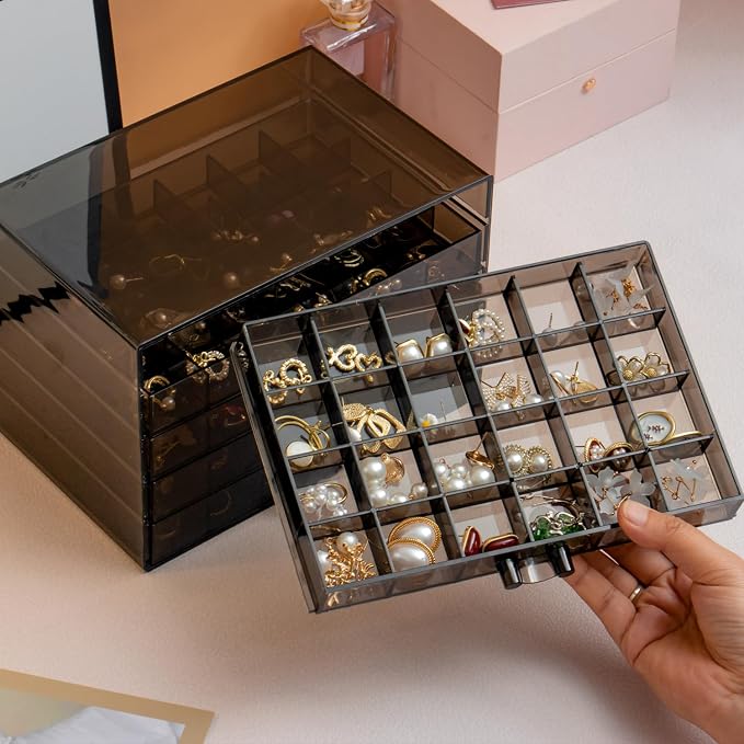 SPAKOWN Earring Organizer Acrylic Jewelry Holder Organizer with 5 Drawers | Stackable Earring Storage Case Jewelry Boxes for Women (Gray)