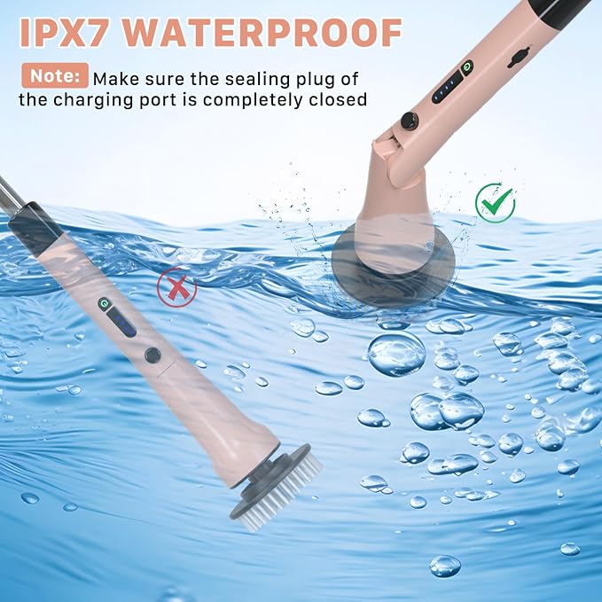 Electric Spin Scrubber, Hillyfe Bathroom Scrubber Electric with 7 Replaceable Brush Heads, IPX7 Waterproof,300/400 RPM, 3 Adjustable Length,Scrubber Brush Electric for Bathtub Floor,Pink