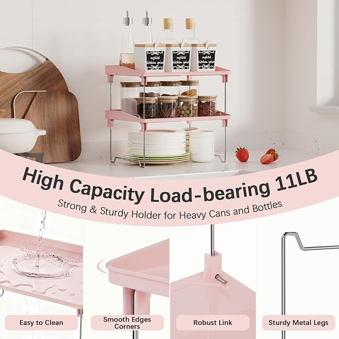 STARLATTA 2 Pcs Cabinet Organizer Shelf，Stackable Kitchen Counter Shelves, Spice Rack,Countertop Organizers，Pink Plastic Storage Shelves Rack for Makeup，Bathroom, Cupboard，Desk，Pantry Organization