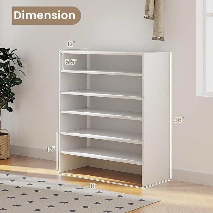 COSTWAY White Shoe Rack, 6-Tier Stackable Shoe Shelf for Closet | 31" Freestanding Extra Wide Storage Shoe Stand for Small Space Entryway Hallway Closet (2, White)