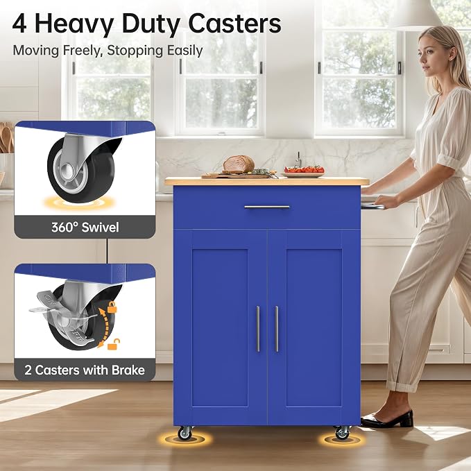 OtterOasis Kitchen Island Cart with Storage, Small Kitchen Island on Wheels with Large Drawer, Adjustable Shelf & Towel Rack, Rolling Island Table for Kitchen & Dining Room, Blue