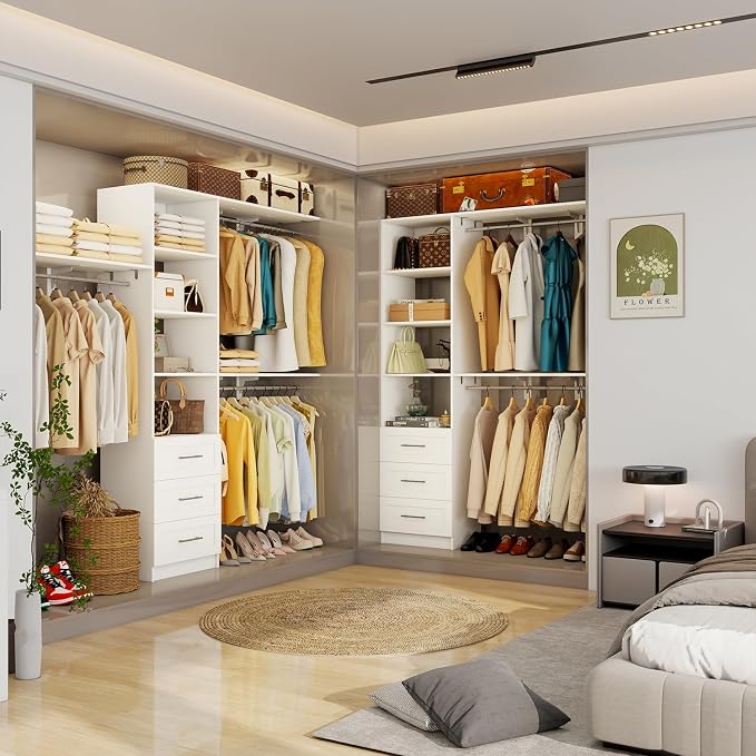 Closet System with Drawers, 5FT-8FT Closet Organizer System with Shelves & Adjustable Hanging Rods, 91.3" Walk in Closet System Storage Wood, White